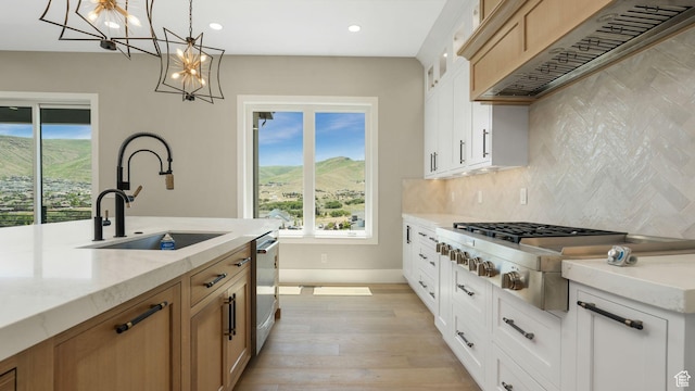 7233 W Summit Top Ln, Herriman, UT 84096 - kitchen with custom range hood, stainless steel appliances, recessed lighting, decorative backsplash, and light wood-style flooring