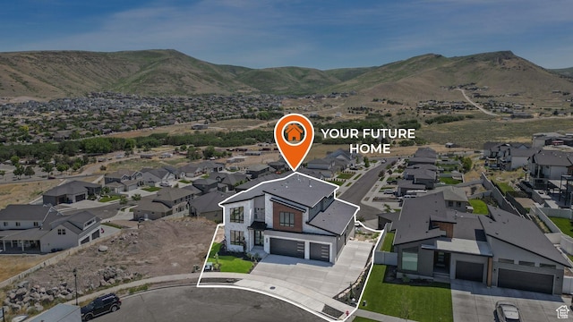7233 W Summit Top Ln, Herriman, UT 84096 - aerial overview of property's location with nearby suburban area, a mountainous background, and property boundaries highlighted