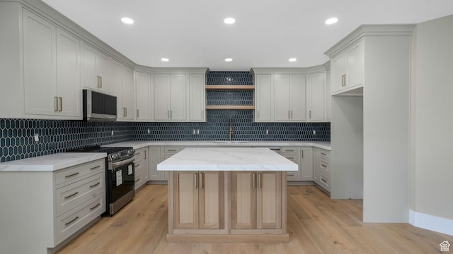 7233 W Summit Top Ln, Herriman, UT 84096 - kitchen with stainless steel appliances, open shelves, tasteful backsplash, a center island, and light wood-style floors