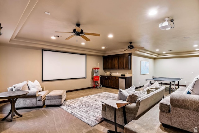 4962 W Boulder Vw, Hurricane, UT 84737 - cinema room featuring a tray ceiling, ceiling fan, and recessed lighting
