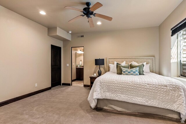 4962 W Boulder Vw, Hurricane, UT 84737 - bedroom featuring light carpet, recessed lighting, ensuite bath, and a ceiling fan