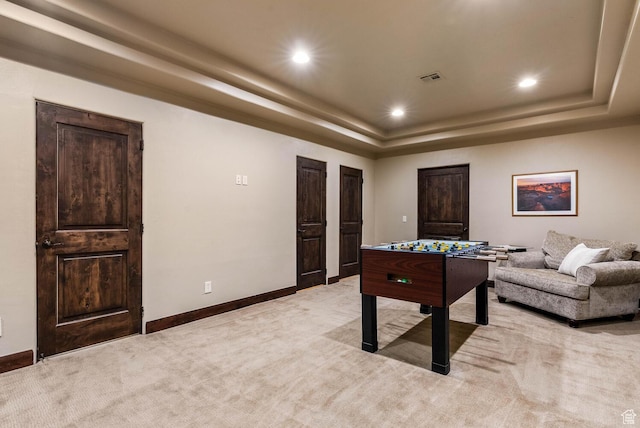 4962 W Boulder Vw, Hurricane, UT 84737 - playroom with light carpet, a tray ceiling, and recessed lighting