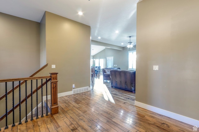 4948 W 4025 S, West Haven, UT 84401 - hallway with wood-type flooring, recessed lighting, vaulted ceiling, and an upstairs landing