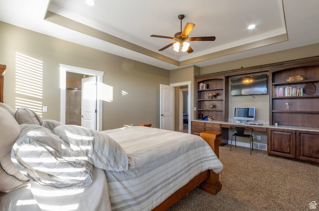 4948 W 4025 S, West Haven, UT 84401 - bedroom featuring a tray ceiling, built in desk, ornamental molding, light carpet, and ceiling fan