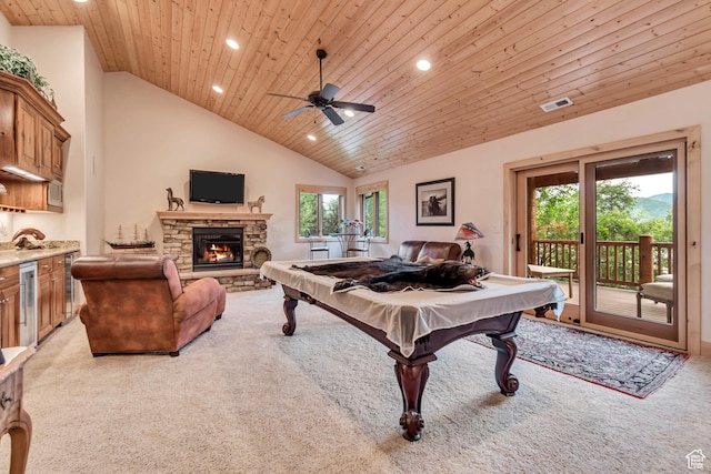 2984 Winterton Rd, Charleston, UT 84032 - recreation room with light colored carpet, billiards table, vaulted ceiling, recessed lighting, and wood ceiling