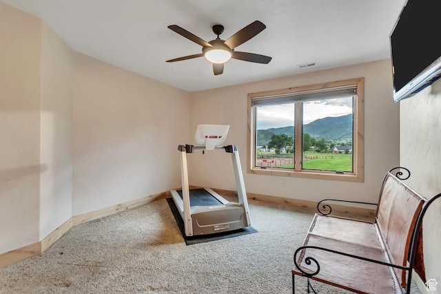 2984 Winterton Rd, Charleston, UT 84032 - exercise area with carpet flooring, ceiling fan, and a mountain view