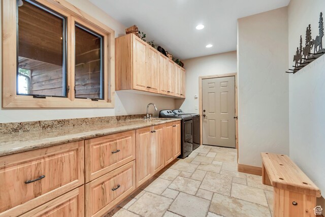 2984 Winterton Rd, Charleston, UT 84032 - laundry area featuring stone tile flooring, washing machine and clothes dryer, recessed lighting, and cabinet space