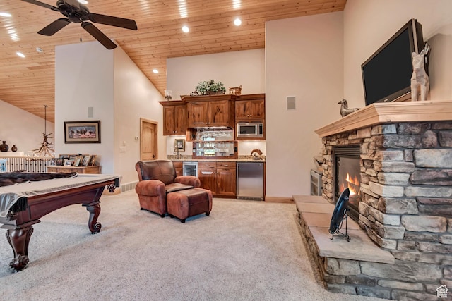 2984 Winterton Rd, Charleston, UT 84032 - living area featuring light colored carpet, high vaulted ceiling, wooden ceiling, ceiling fan, and billiards table