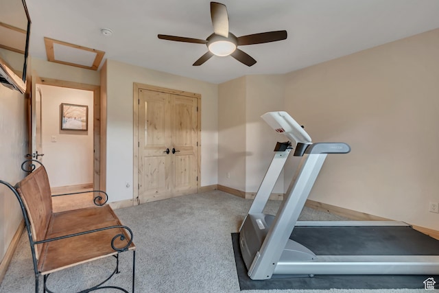 2984 Winterton Rd, Charleston, UT 84032 - exercise room featuring carpet flooring, ceiling fan, and attic access