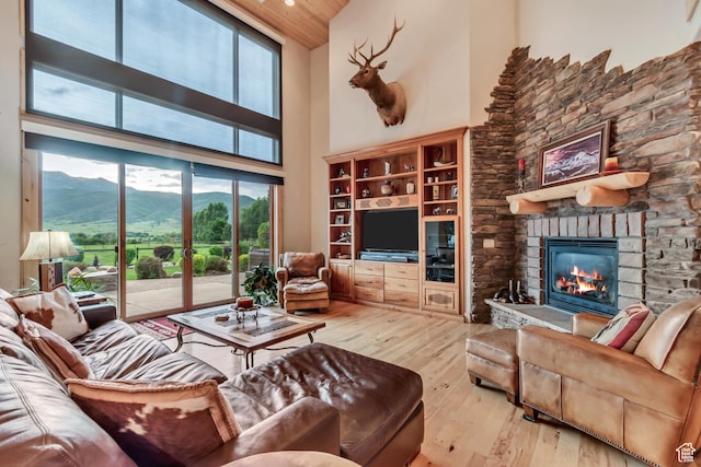 2984 Winterton Rd, Charleston, UT 84032 - living room with hardwood / wood-style flooring, a fireplace, and a towering ceiling