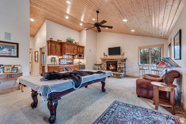 2984 Winterton Rd, Charleston, UT 84032 - game room featuring light colored carpet, vaulted ceiling, wood ceiling, billiards table, and recessed lighting