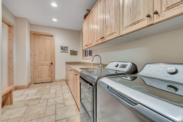 2984 Winterton Rd, Charleston, UT 84032 - washroom featuring independent washer and dryer, stone tile flooring, recessed lighting, and cabinet space