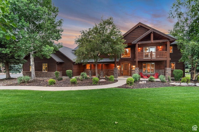2984 Winterton Rd, Charleston, UT 84032 - log cabin with stone siding, a balcony, and a lawn