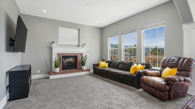 721 W Glovers Ln, Farmington, UT 84025 - living area with carpet, a brick fireplace, and recessed lighting