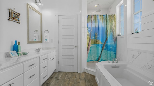 721 W Glovers Ln, Farmington, UT 84025 - bathroom featuring a garden tub, vanity, wood finished floors, and a shower