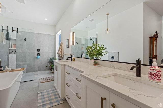 3214 S Red Sands Way, Hurricane, UT 84737 - full bathroom featuring double vanity, a freestanding tub, and a walk in shower