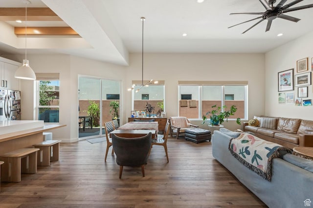 3214 S Red Sands Way, Hurricane, UT 84737 - living room featuring dark wood-type flooring, recessed lighting, a ceiling fan, and a chandelier
