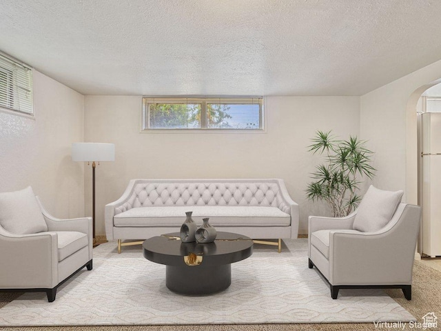 143 N 800 W, Provo, UT 84601 - carpeted living area featuring arched walkways and a textured ceiling