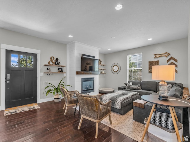 4966 W Willamette Way S, South Jordan, UT 84095 - living room featuring wood finished floors, a large fireplace, and recessed lighting