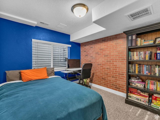 4966 W Willamette Way S, South Jordan, UT 84095 - carpeted bedroom featuring brick wall and a textured ceiling