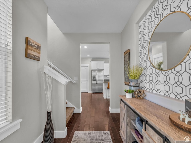 4966 W Willamette Way S, South Jordan, UT 84095 - hall featuring dark wood finished floors, stairway, and recessed lighting