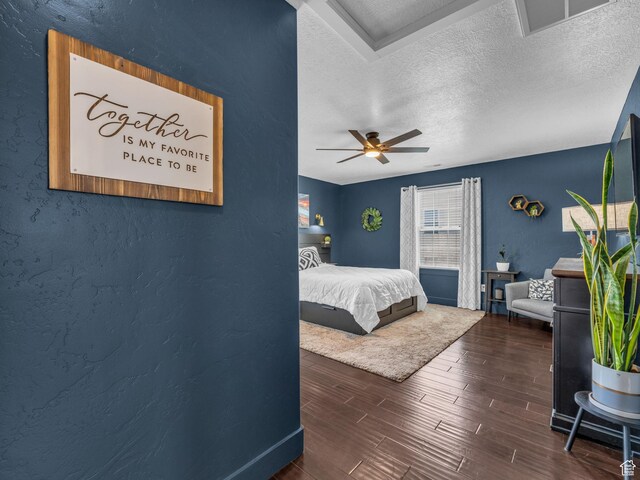 4966 W Willamette Way S, South Jordan, UT 84095 - bedroom with a textured ceiling, wood finished floors, a textured wall, and a ceiling fan