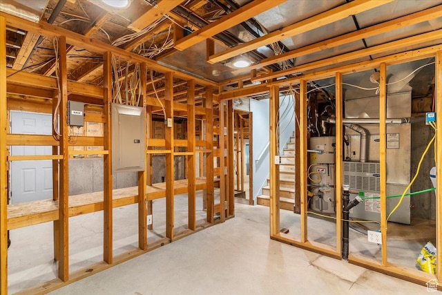 677 E 2900 N, North Ogden, UT 84414 - misc room featuring electric panel, concrete floors, secured water heater, stairs, and heating unit