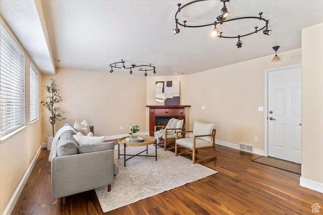 677 E 2900 N, North Ogden, UT 84414 - living area with wood finished floors, track lighting, a glass covered fireplace, and a chandelier