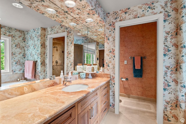 6033 S 2300 E, Holladay, UT 84121 - full bath featuring wallpapered walls, vanity, a stall shower, tile patterned floors, and a bath
