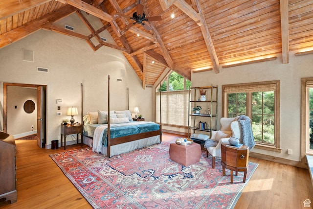 6033 S 2300 E, Holladay, UT 84121 - bedroom with a wooden ceiling with exposed beams, high vaulted ceiling, and light wood-type flooring