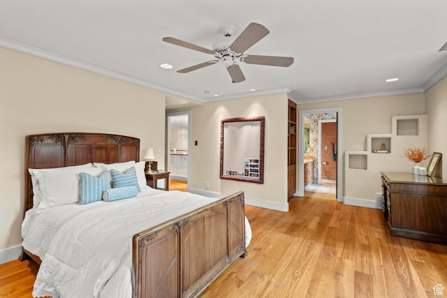 6033 S 2300 E, Holladay, UT 84121 - bedroom with light wood-style flooring, ensuite bathroom, recessed lighting, crown molding, and a ceiling fan