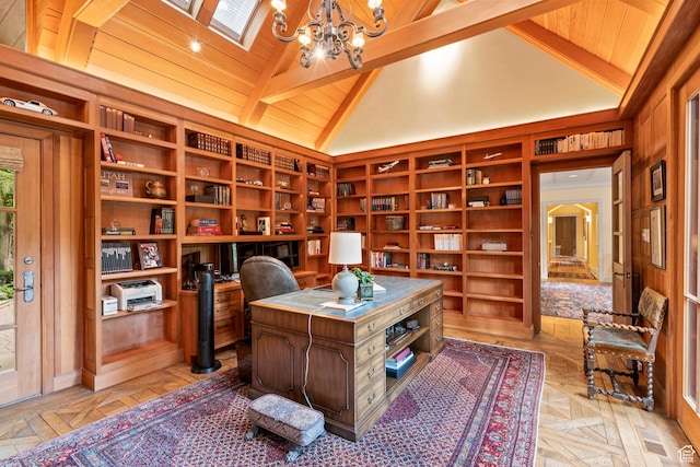 6033 S 2300 E, Holladay, UT 84121 - office space with a chandelier, built in shelves, and wood ceiling
