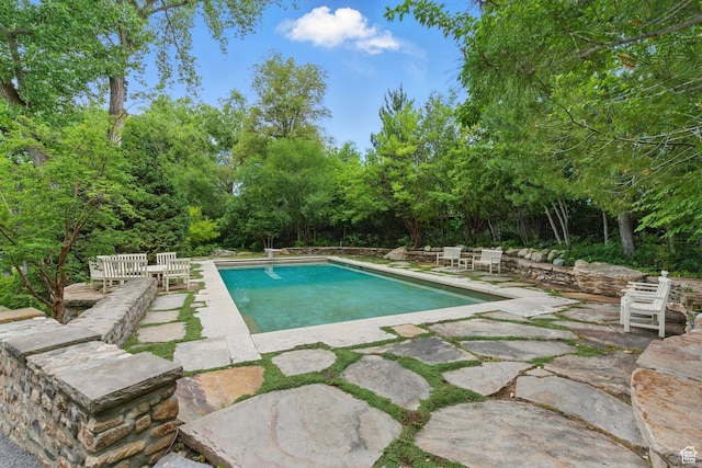 6033 S 2300 E, Holladay, UT 84121 - outdoor pool featuring a patio area and view of wooded area
