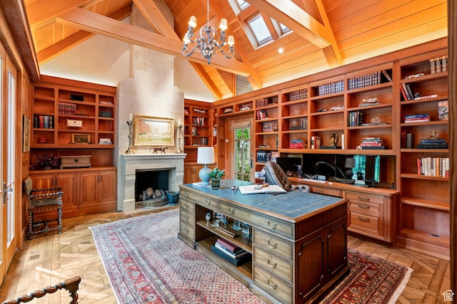 6033 S 2300 E, Holladay, UT 84121 - office space with a chandelier, a wooden ceiling with exposed beams, built in shelves, a fireplace, and high vaulted ceiling