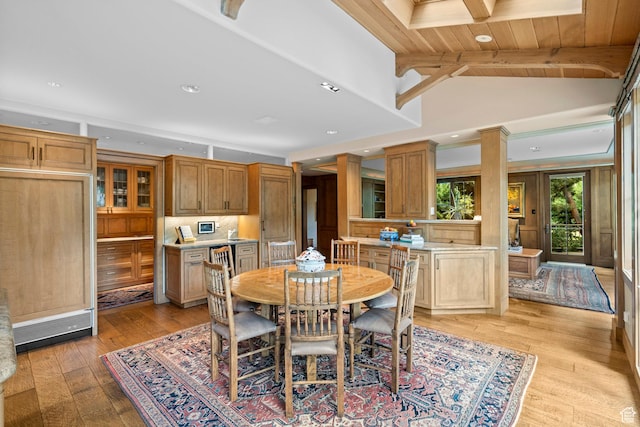 6033 S 2300 E, Holladay, UT 84121 - dining room featuring light wood finished floors, wooden ceiling, recessed lighting, and ornate columns