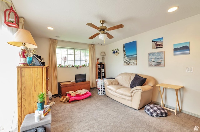 1162 N Newport Ln E, Kaysville, UT 84037 - living room with carpet flooring, a ceiling fan, and recessed lighting
