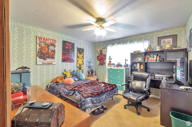 1162 N Newport Ln E, Kaysville, UT 84037 - bedroom featuring wallpapered walls, carpet, a textured ceiling, an office area, and ceiling fan