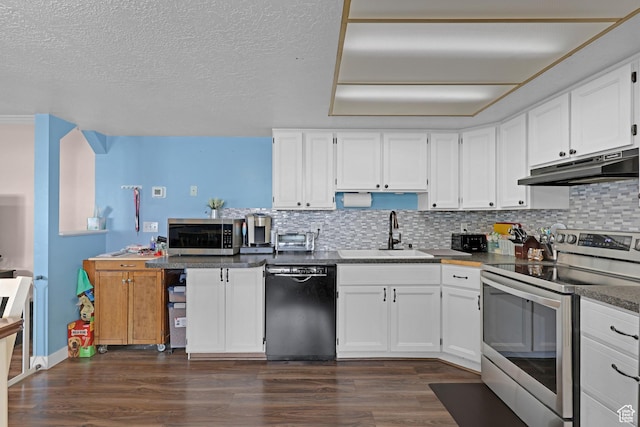 3684 W 4625 S, Roy, UT 84067 - kitchen with appliances with stainless steel finishes, under cabinet range hood, white cabinetry, and a textured ceiling