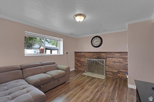 3684 W 4625 S, Roy, UT 84067 - living area featuring a textured ceiling, wood finished floors, a fireplace, and crown molding