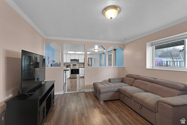 3684 W 4625 S, Roy, UT 84067 - living room with dark wood-type flooring, ornamental molding, plenty of natural light, and a textured ceiling