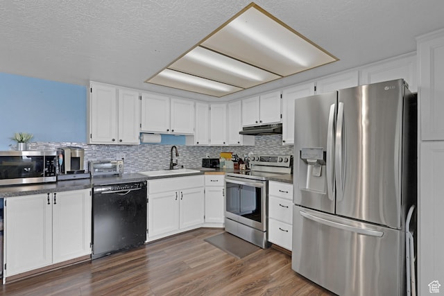 3684 W 4625 S, Roy, UT 84067 - kitchen with stainless steel appliances, under cabinet range hood, white cabinetry, tasteful backsplash, and a textured ceiling