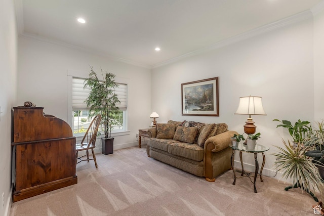 9532 S Willow Trail Way S, Jordan, UT 84095 - living room featuring light colored carpet, recessed lighting, and ornamental molding