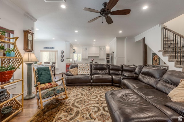 9532 S Willow Trail Way S, Jordan, UT 84095 - living area with ornamental molding, ceiling fan, stairs, recessed lighting, and wood finished floors