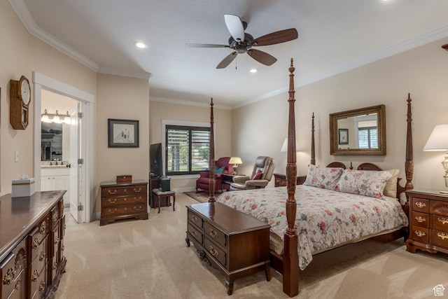 9532 S Willow Trail Way S, Jordan, UT 84095 - bedroom with light carpet, ornamental molding, recessed lighting, ensuite bathroom, and a ceiling fan