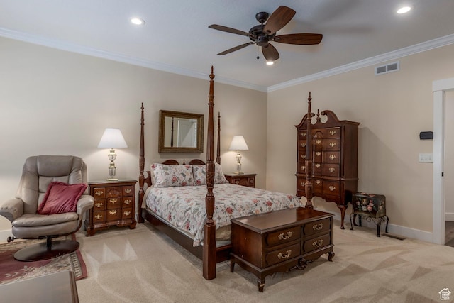 9532 S Willow Trail Way S, Jordan, UT 84095 - bedroom with light carpet, crown molding, recessed lighting, and ceiling fan