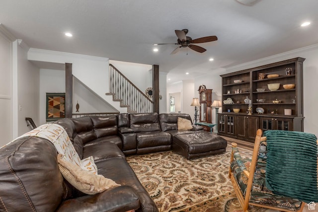 9532 S Willow Trail Way S, Jordan, UT 84095 - living area featuring a ceiling fan, decorative columns, crown molding, stairs, and recessed lighting