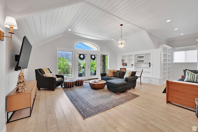 3990 Summer Ridge Rd, Morgan, UT 84050 - living area with light wood-style floors, vaulted ceiling, wooden ceiling, recessed lighting, and french doors