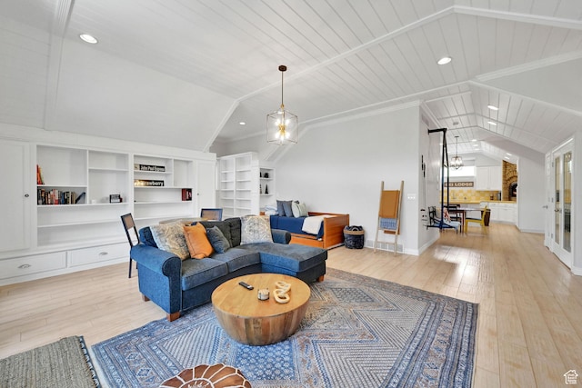 3990 Summer Ridge Rd, Morgan, UT 84050 - living room featuring vaulted ceiling, light wood-style flooring, wooden ceiling, recessed lighting, and built in features