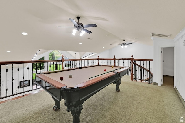 3990 Summer Ridge Rd, Morgan, UT 84050 - game room featuring ceiling fan, lofted ceiling, carpet floors, billiards table, and recessed lighting