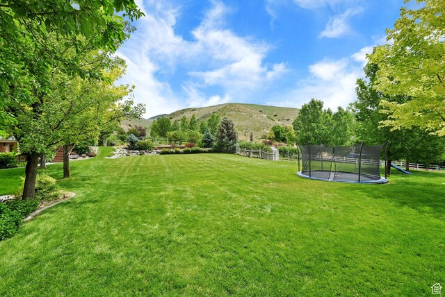 3990 Summer Ridge Rd, Morgan, UT 84050 - view of green lawn with a trampoline and a mountain view
